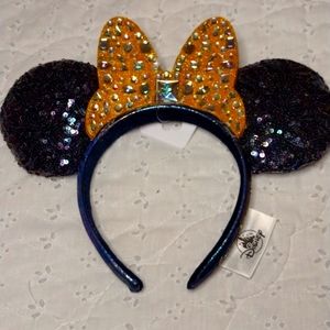 DISNEY Minnie Mouse Ears Headband - Iridescent Blue Sequined with Gold B…